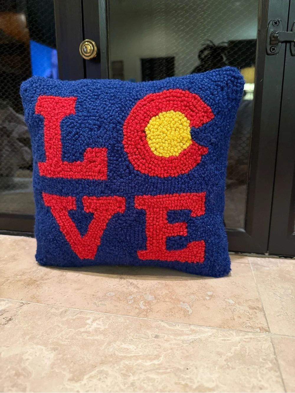 Blue Hooked Pillow with RED LOVE and Yellow Accent